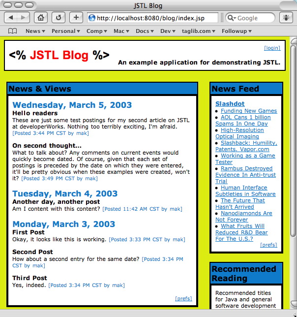 Screenshot of the Weblog example application